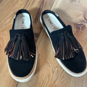 TOMS Women's Black Suede Loafers with Tassels